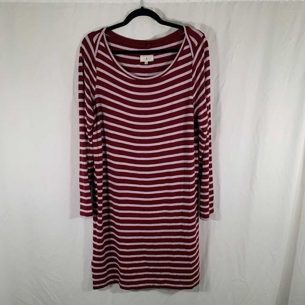 Lou Grey Midi Dress Women's Large Red Pink Striped Round Neck Long Sleeve